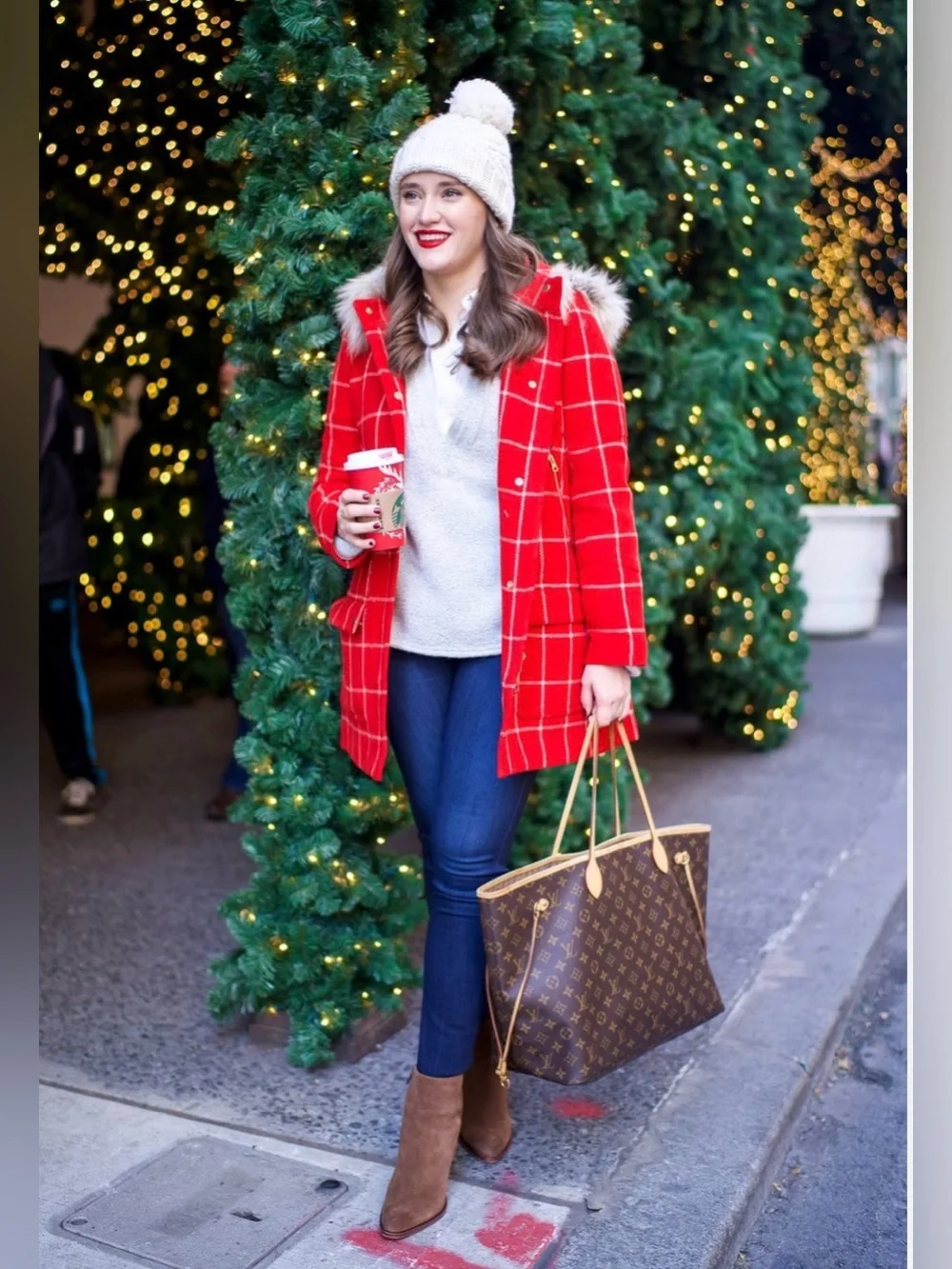 JCrew Chateau Wool Parka Red White Windowpane Plaid Coat w/ Faux Fur Trim Hood 2